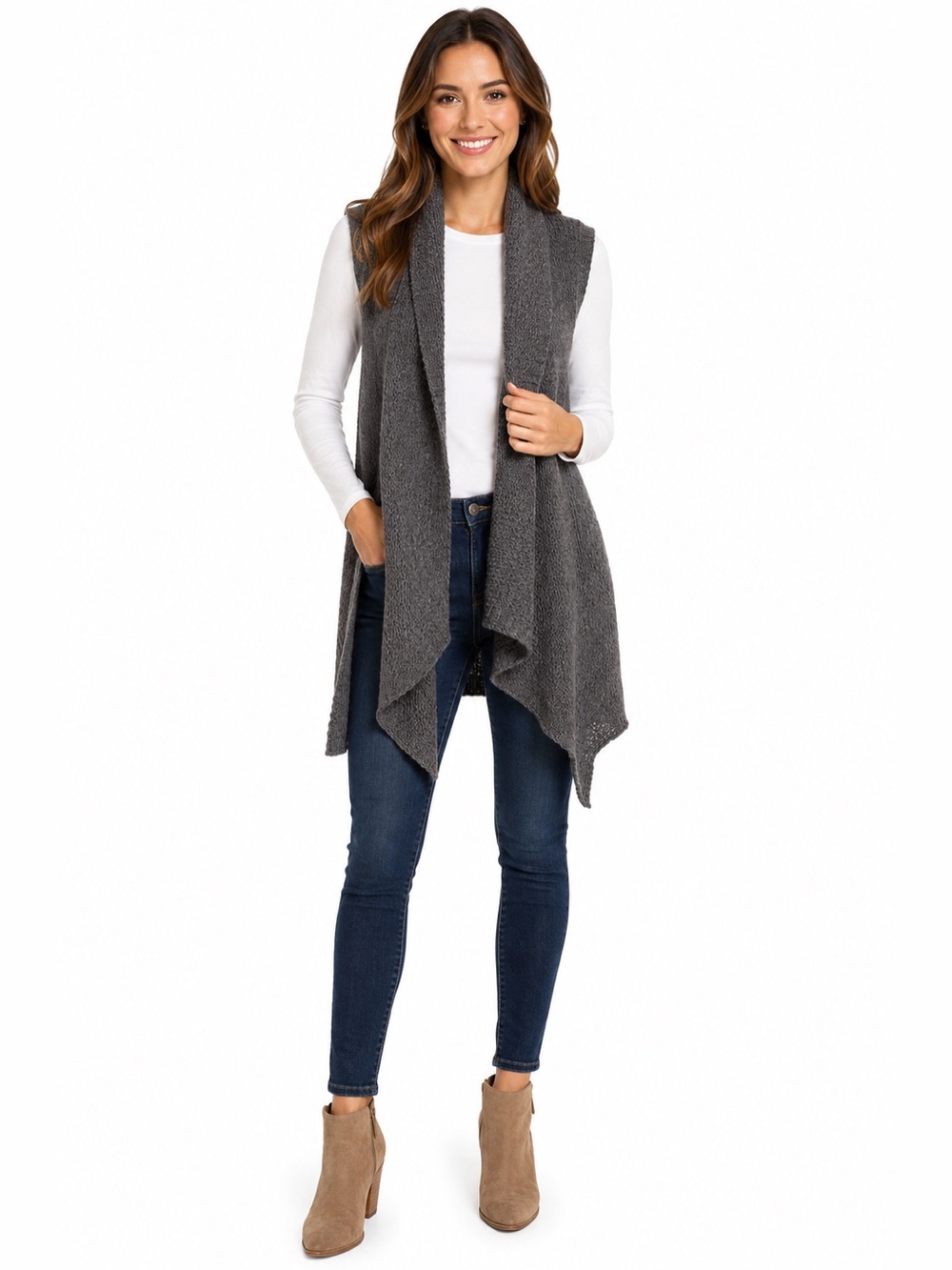 H&M Gray Waterfall Cardigan Vest Open Front Longline Knit Medium